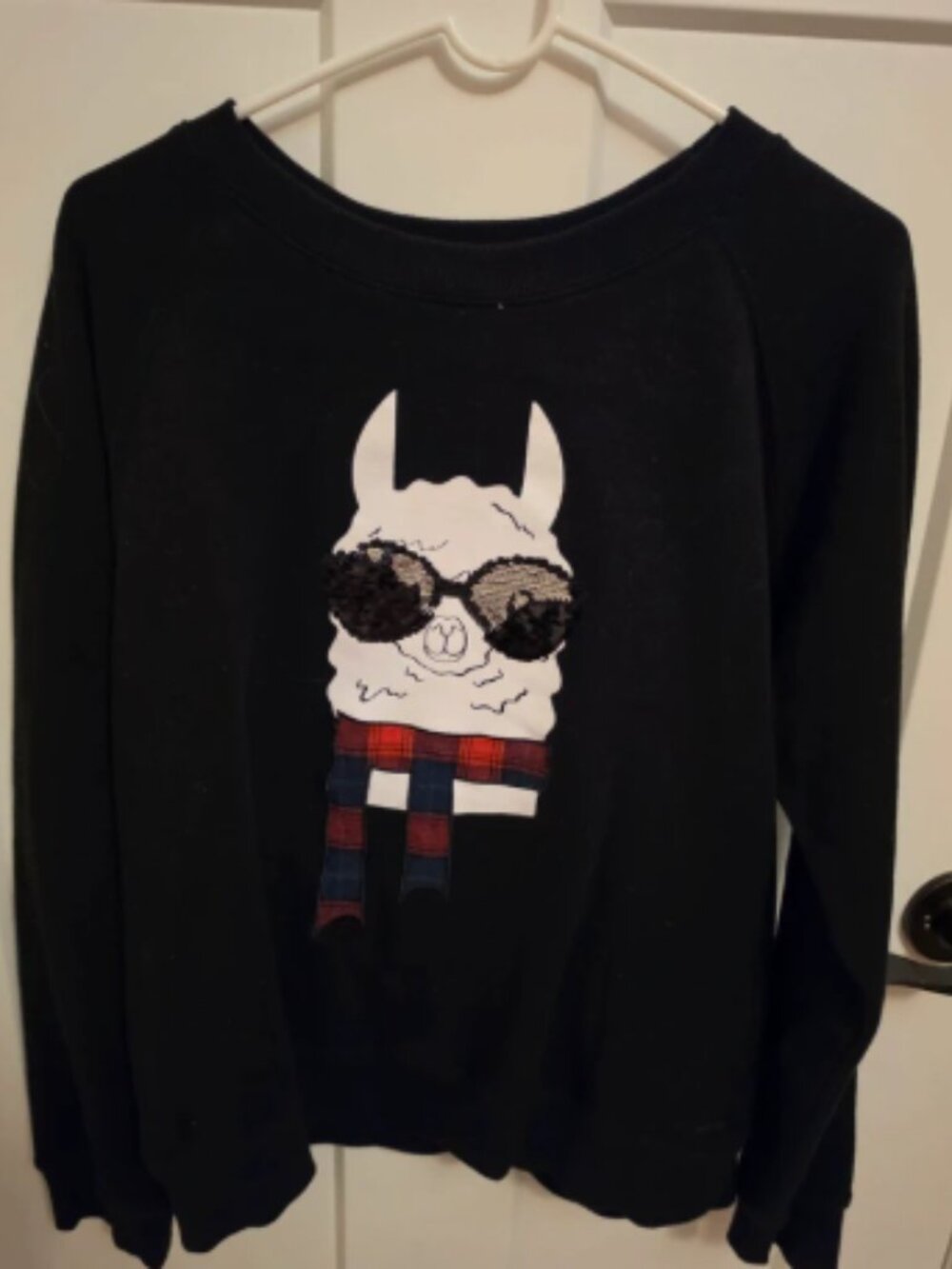 Black Llama Sequin Scarf Sweatshirt Size L
